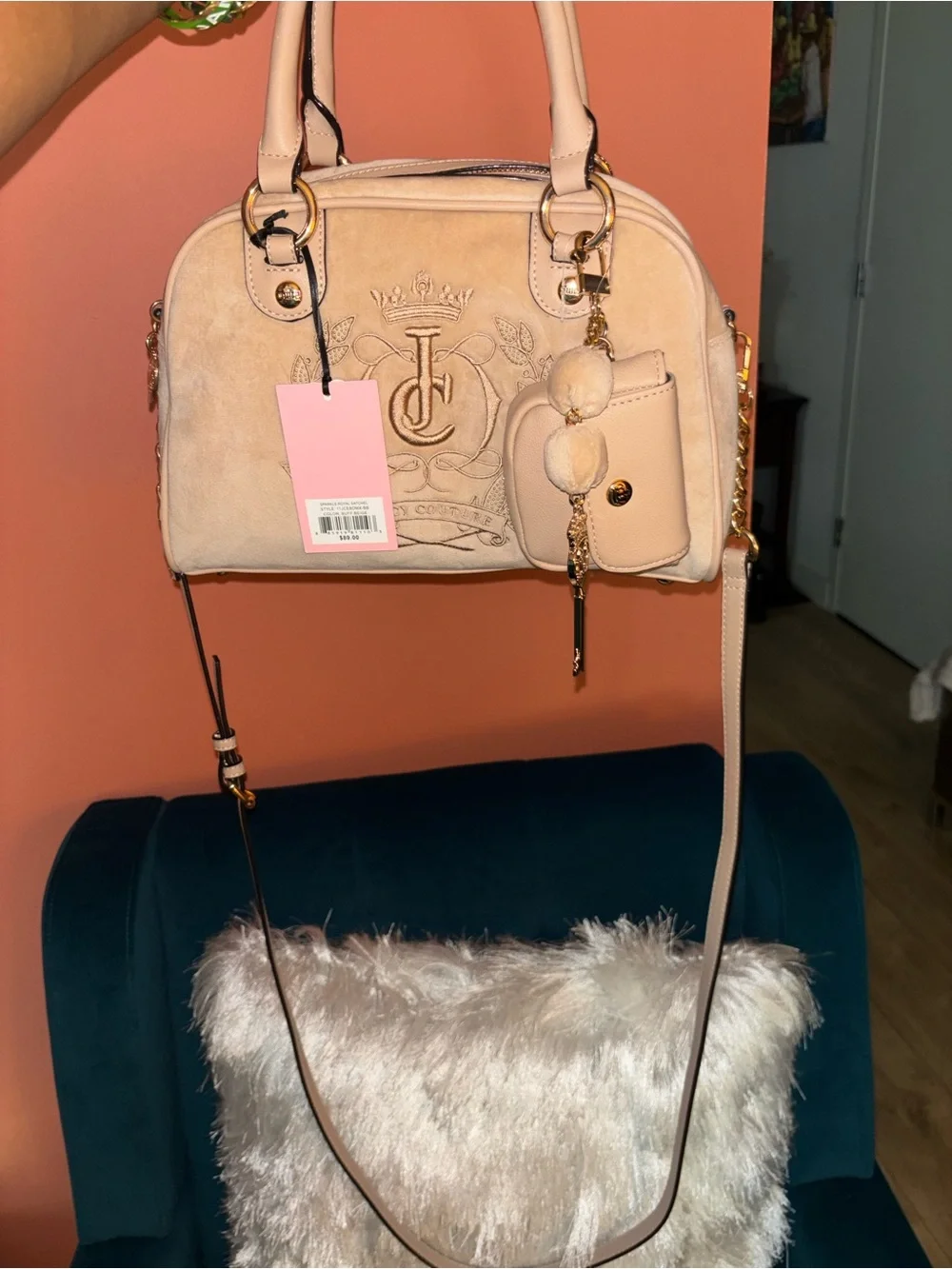 Juicy Couture Blush Beige Suede Satchel with Embossed Logo
